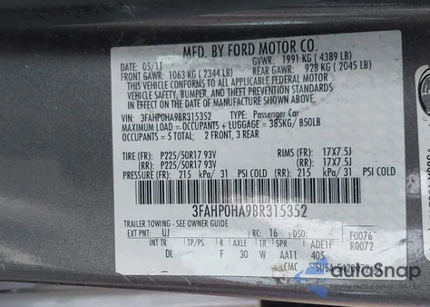2011 Ford Fusion Se from USA, damaged, VIN 3FAHP0HA9BR315352